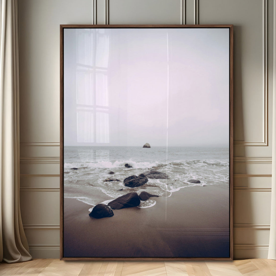 Moody Seascape Wall Art Canvas Print, Framed Neutral Foggy Ocean Beach Art, Minimalist Decor
