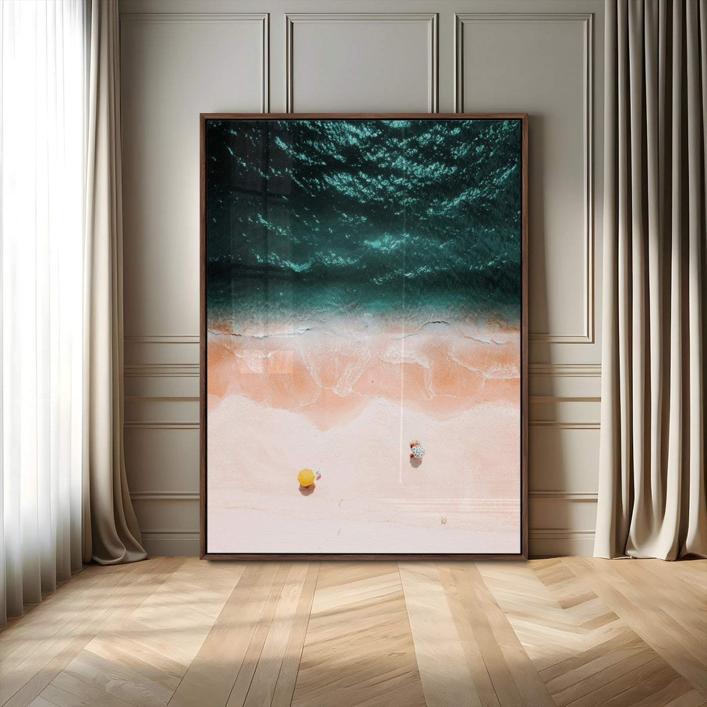 44468317-MGV-CV-24X36-Aerial Serenity Wall Art Canvas Print – Gentle Waves Peach Shore Yellow Umbrella Peaceful Beach Coastal Decor Artwork for Home