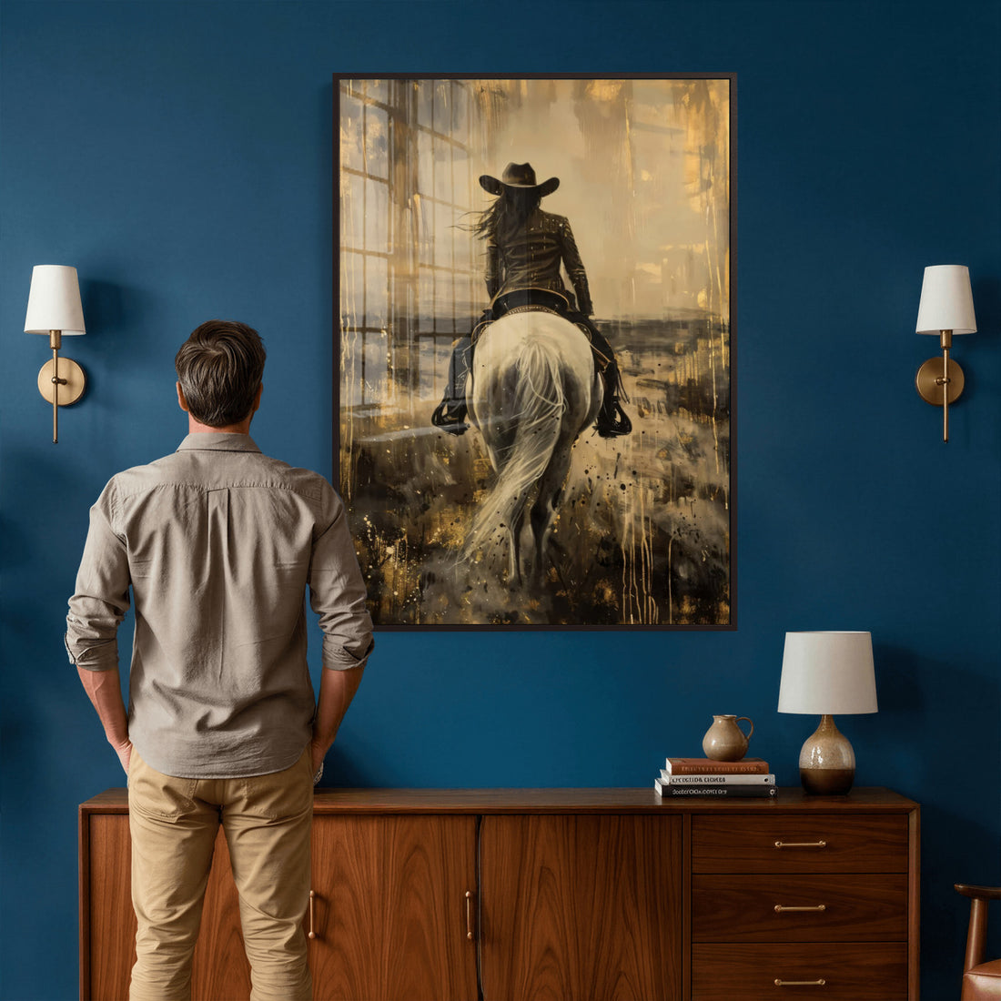 Cowgirl on Horse Wall Art Canvas Print, Western Equestrian Artwork for Farmhouse and Ranch Decor