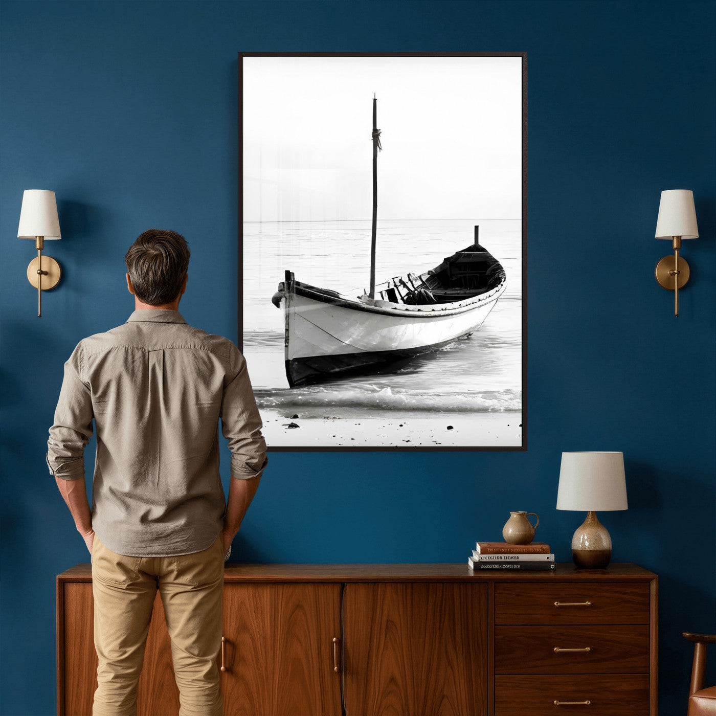 13080776-MGV-CV-24X36 - Minimal Boat Wall Art Canvas Print – Black and White Coastal Photography Artwork Print for Living Room, Bedroom, and Office Decor