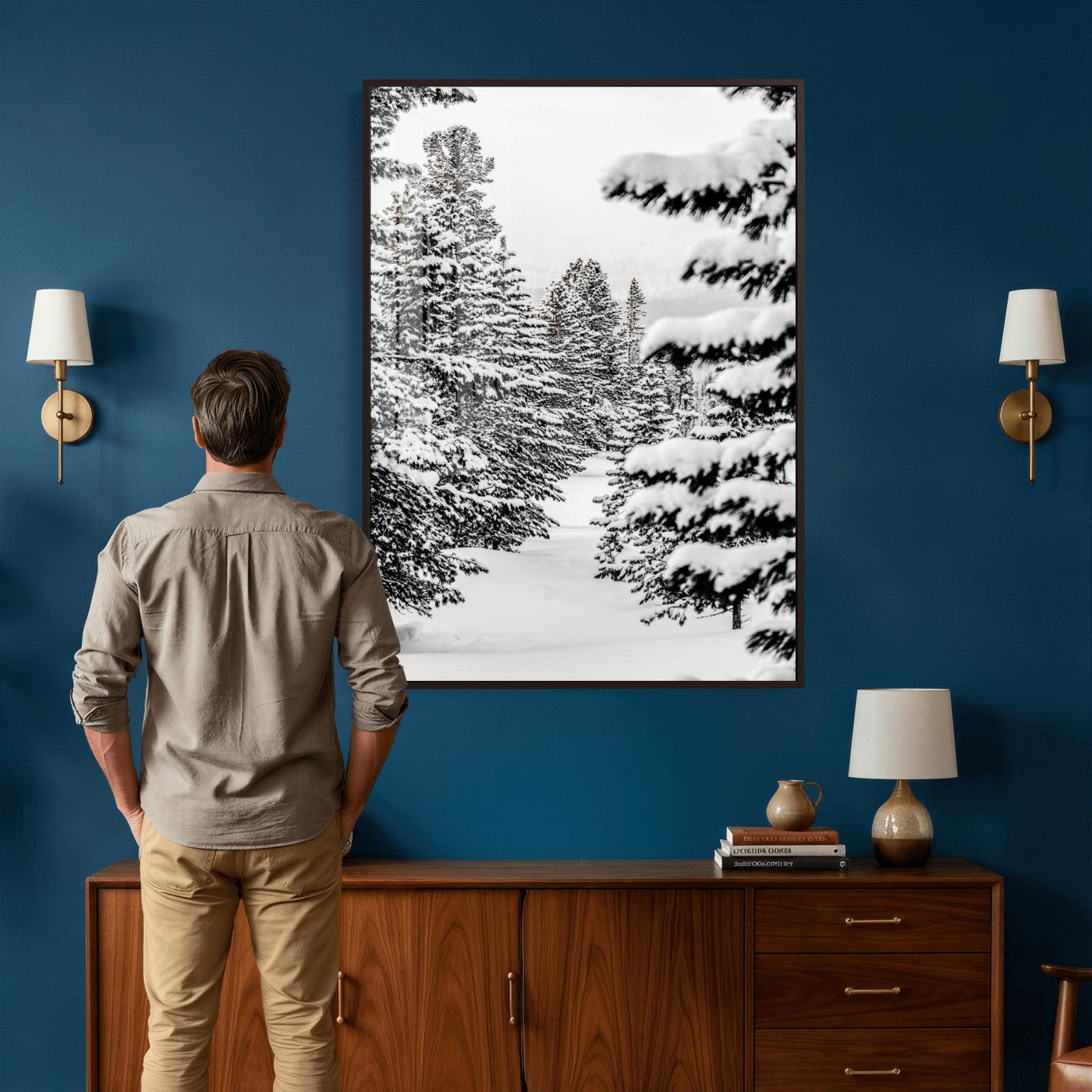 42534505-MGV-CV-24X36 - Snowy Pine Forest Wall Art Canvas Print, Minimal Winter Woodland Landscape, Black and White Nature Artwork