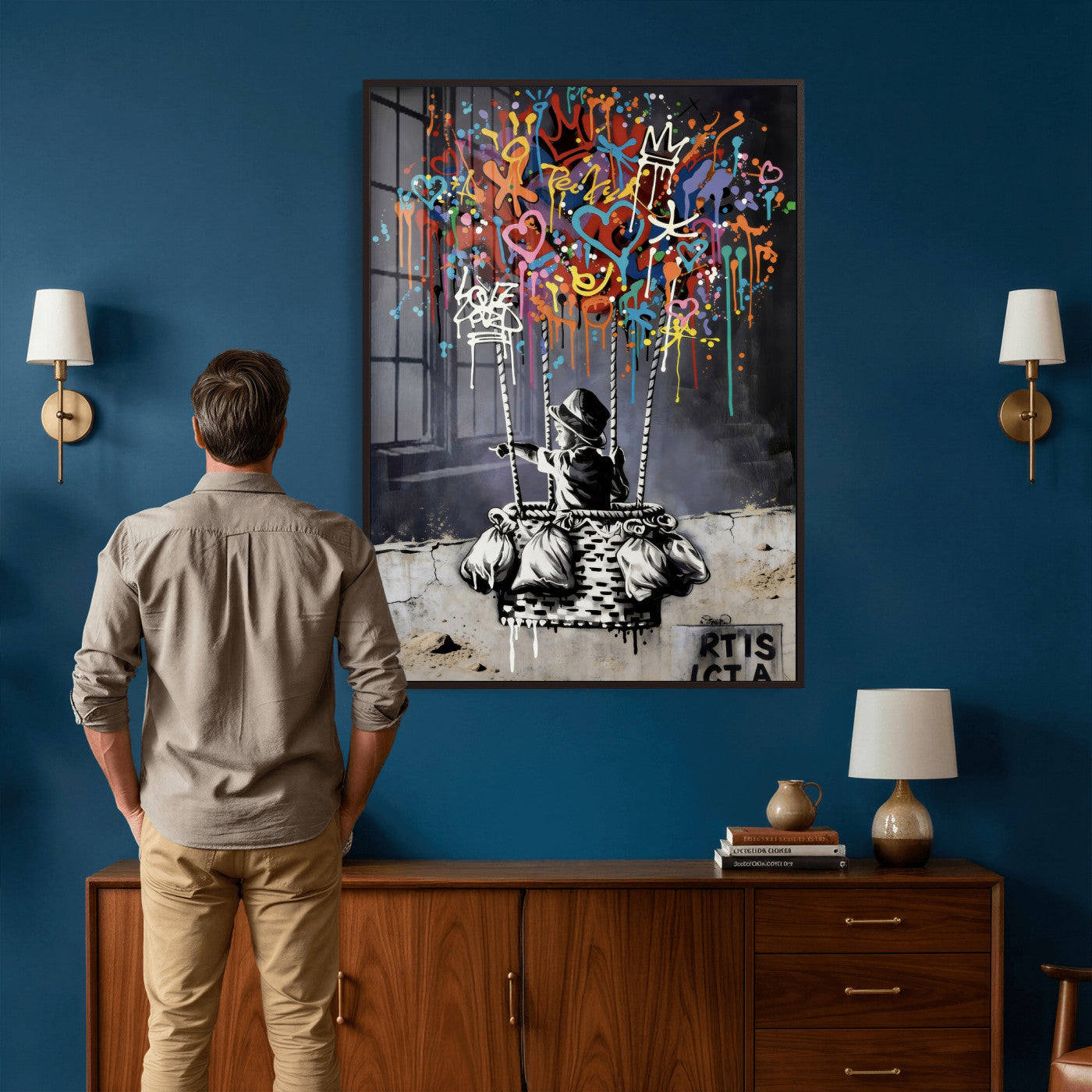 56325542-MGV-CV-24X36 - Banksy Inspired Boy Swing Wall Art Canvas Print, Graffiti Balloon Hearts Street Art, Colorful Urban Mural Artwork for Modern Living Room Decor