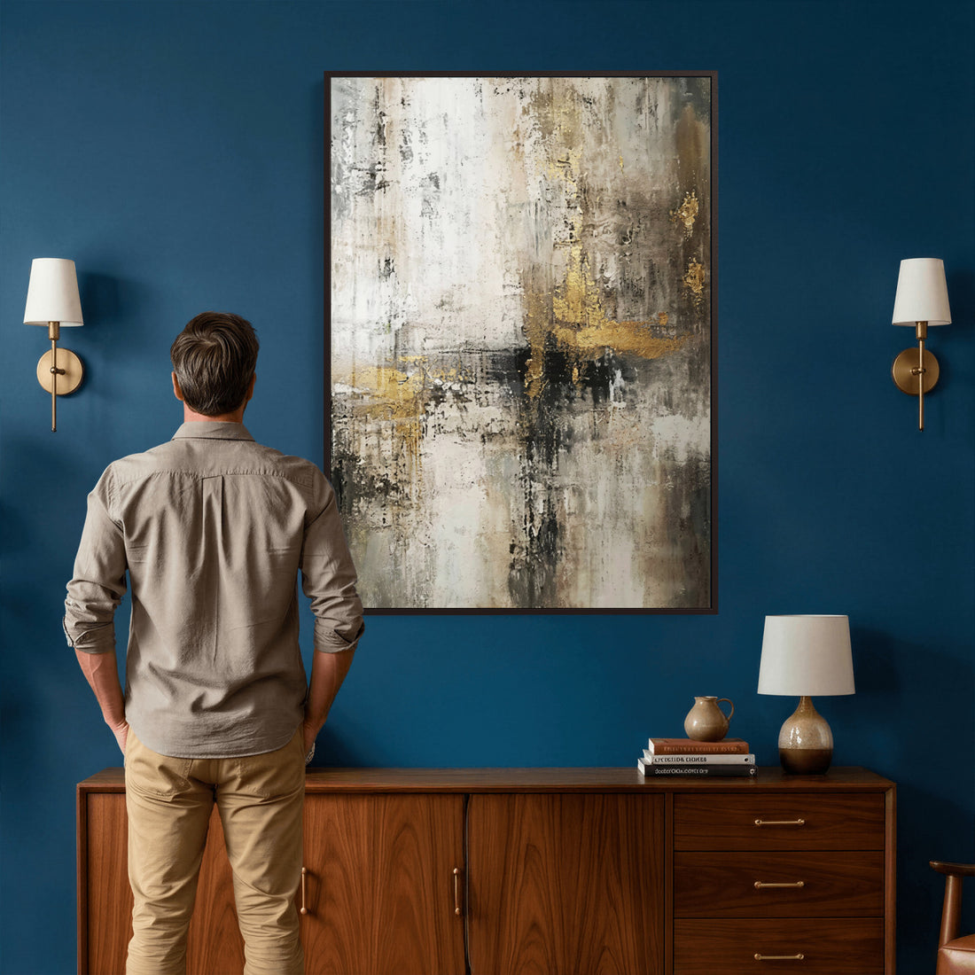 Framed Abstract Wall Art Canvas Print, Gold Black Modern Architecture Art