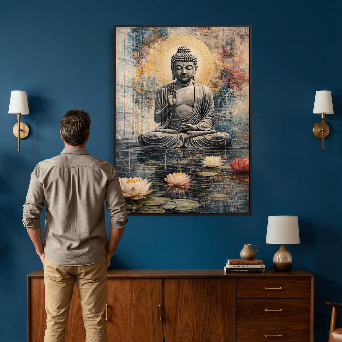 Serene Buddha with Lotus Flowers | Tranquil Meditation Art | Zen Wall Decor
