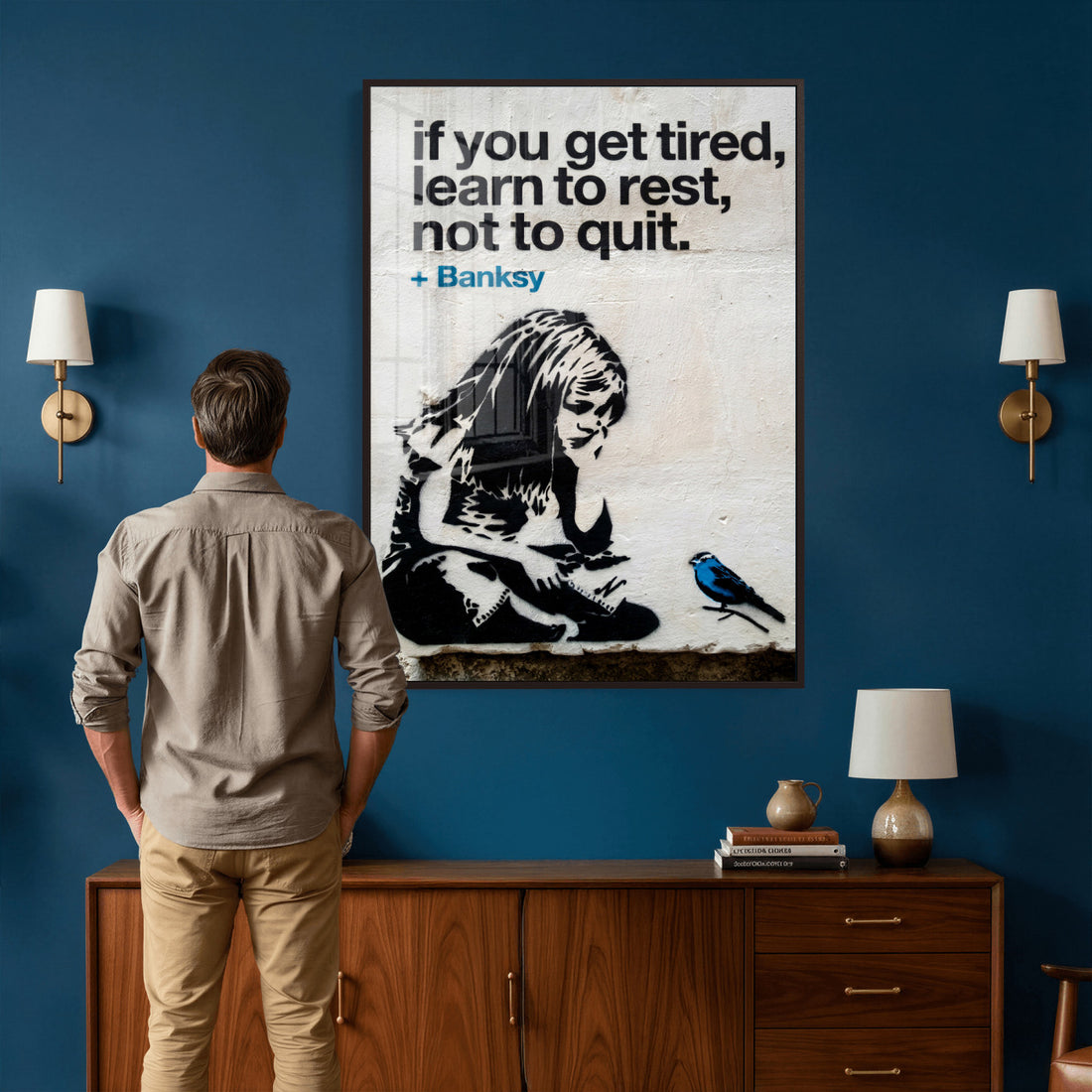 Banksy Girl and Blue Bird Canvas Art Print | Banksy If You Get Tired Street Art