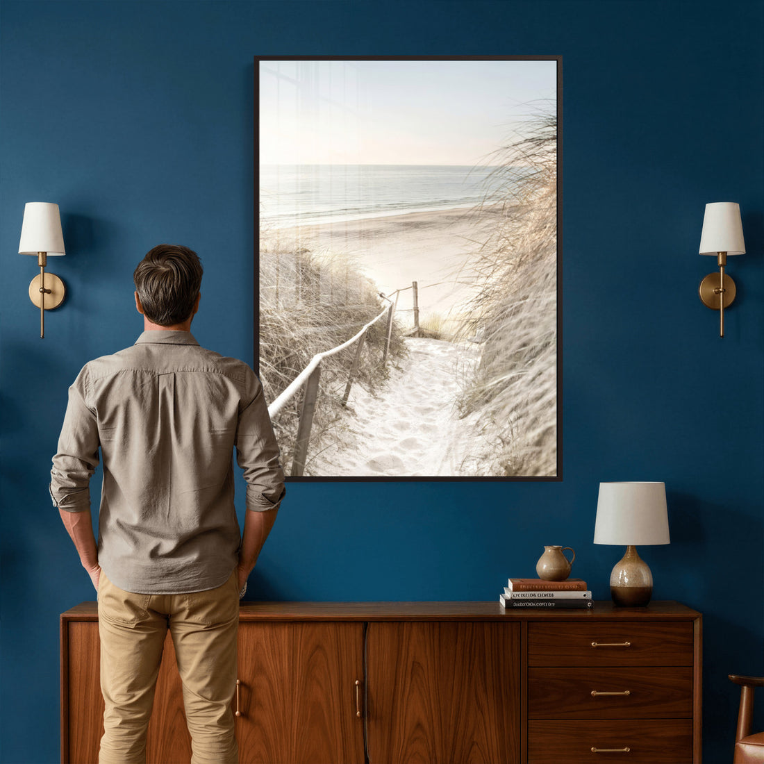 Coastal Beach Path Wall Art Canvas Print | Neutral Ocean Shore Landscape