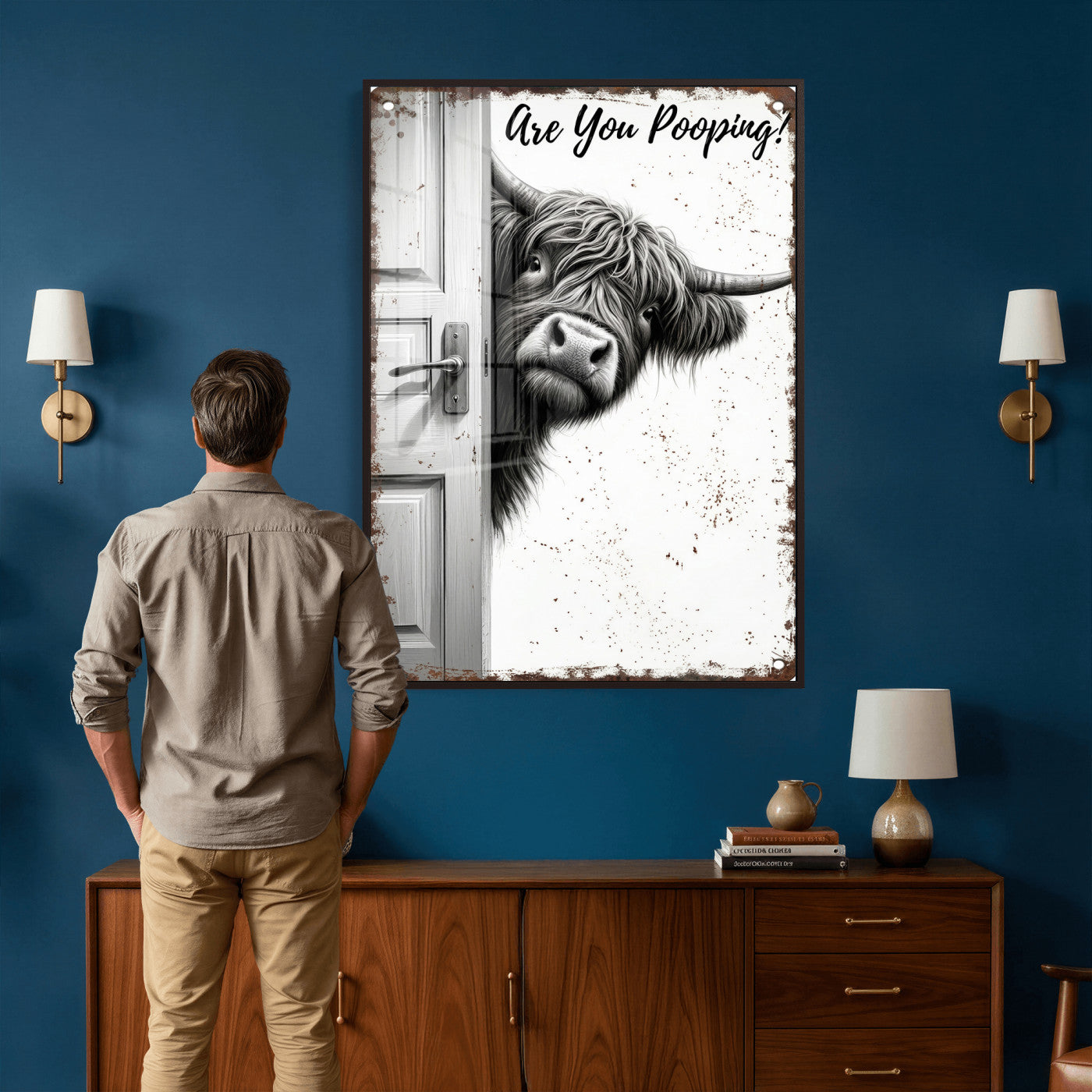 8151788G6-MGV-CV-24X36 - Funny Highland Cow Bathroom Wall Art Canvas Print, Are You Pooping Cow Sign, Rustic Farmhouse Bathroom Decor
