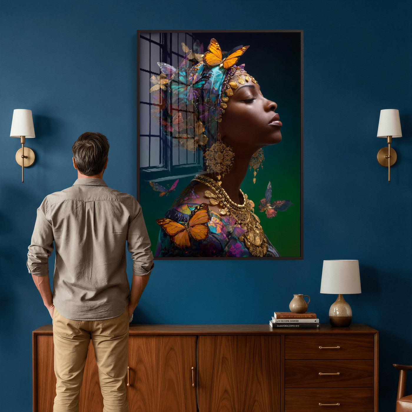 620930SZC0-MGV-CV-24X36 - Butterfly Crown Gold Woman Portrait — Monarch Queen Canvas Print | Teal Dark Fantasy Art | Boho Bedroom Wall Decor | Empowerment Gift Her