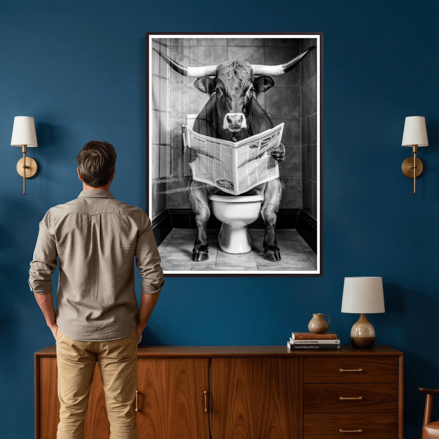 77994492-MGV-CV-24X36 - Texas Longhorn Cow Toilet Paper Canvas Wall Art, Funny Bathroom Black White Print, Cute Animal Humor Decor, Quirky Farmhouse Bathroom Art, Cow Lover Gift