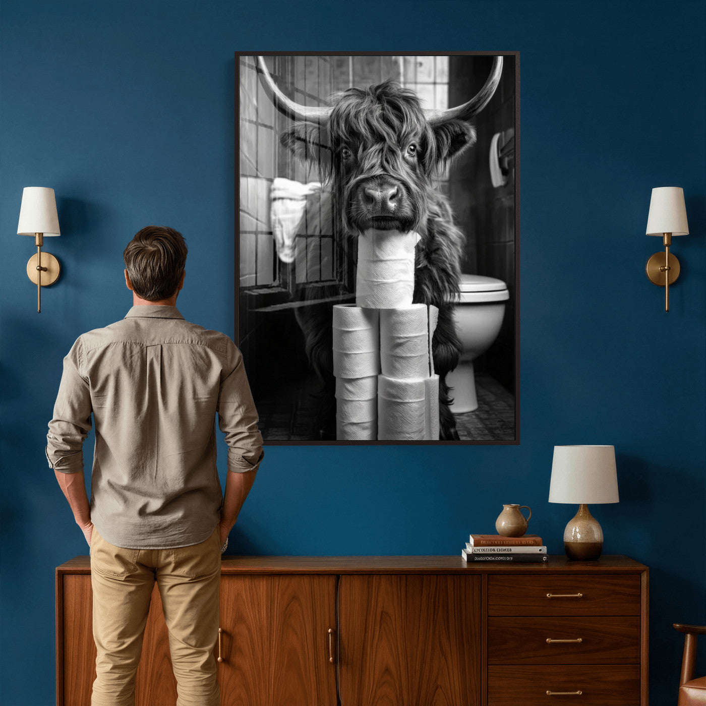 95909209-MGV-CV-24X36 - Highland Cow Toilet Paper Canvas Wall Art, Funny Bathroom Black White Print, Cute Animal Humor Decor, Quirky Farmhouse Bathroom Art, Cow Lover Gift