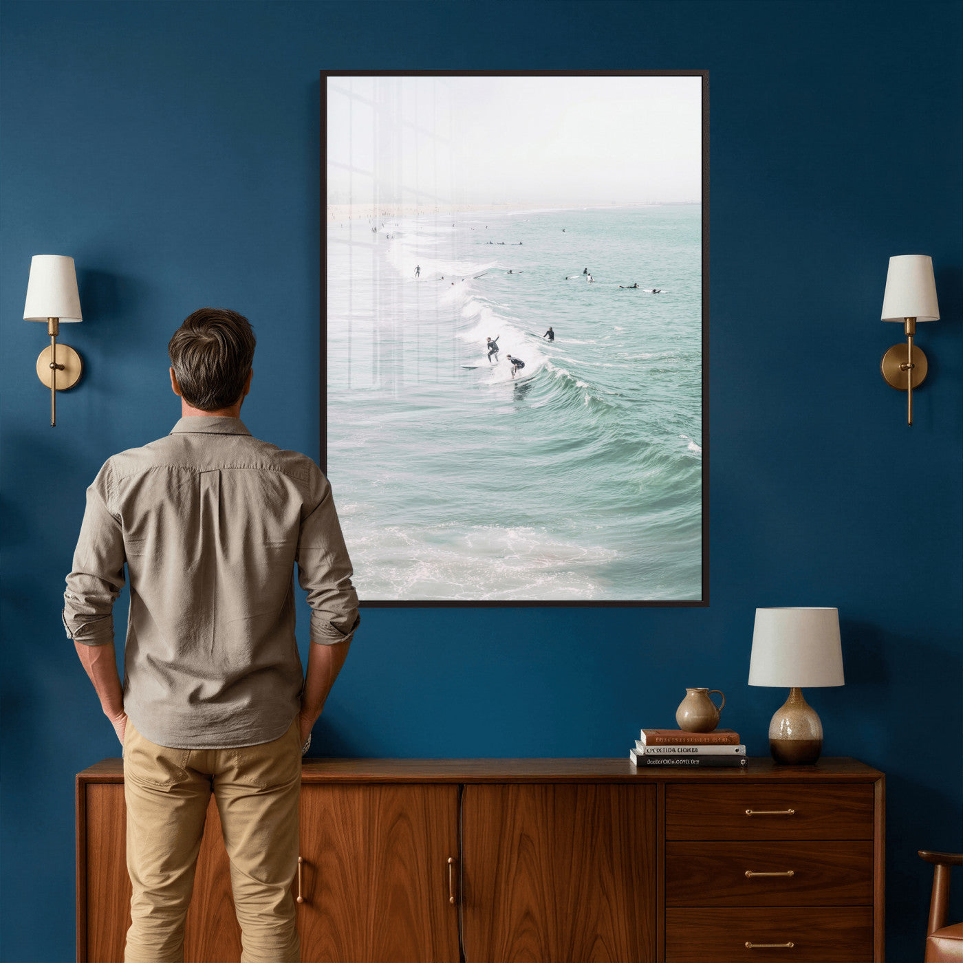 58043762-MGV-CV-24X36 - Surfers on Waves Canvas Wall Art, Aerial Ocean Photography Print, Mint Green Surf Decor, California Beach House Art, Coastal Sports Wall Decor