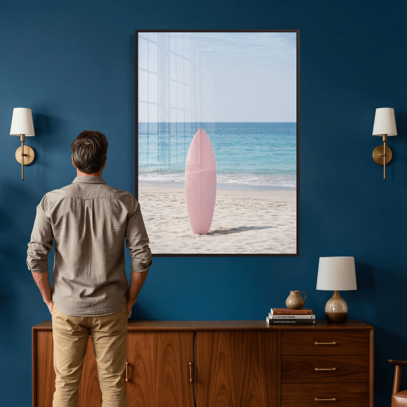 17265103-MGV-CV-24X36 - Pink Surfboard Canvas Wall Art, Minimalist Beach Photography Print, Pastel Ocean Coastal Decor, Girl Beach Room Art, Aesthetic Summer Wall Print