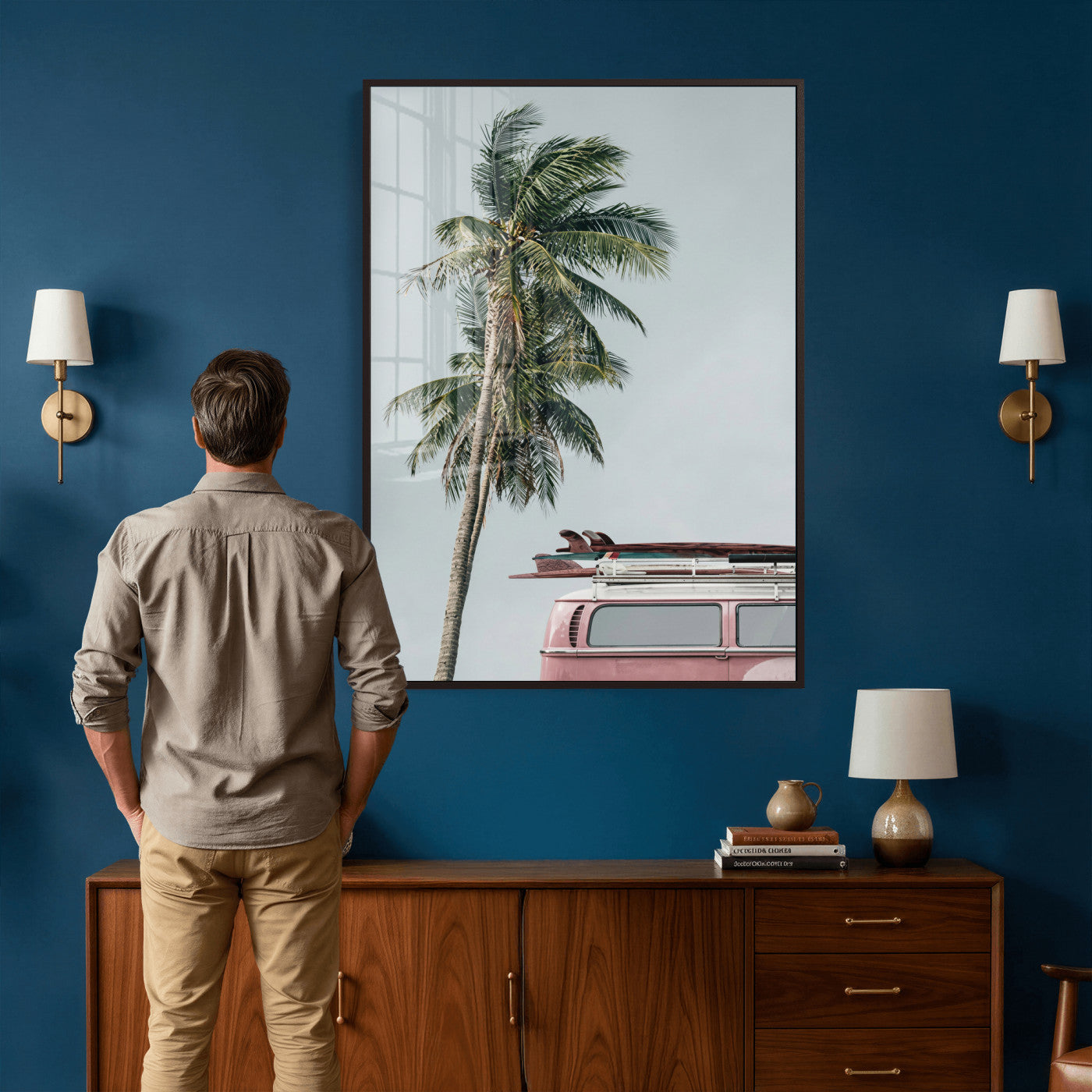 73117797-MGV-CV-24X36 - VW Van Palm Tree Canvas Wall Art, Pink Camper Surfboards Beach Print, Retro Surf Photography Decor, Coastal Boho Wall Art, Surfer Gift Idea