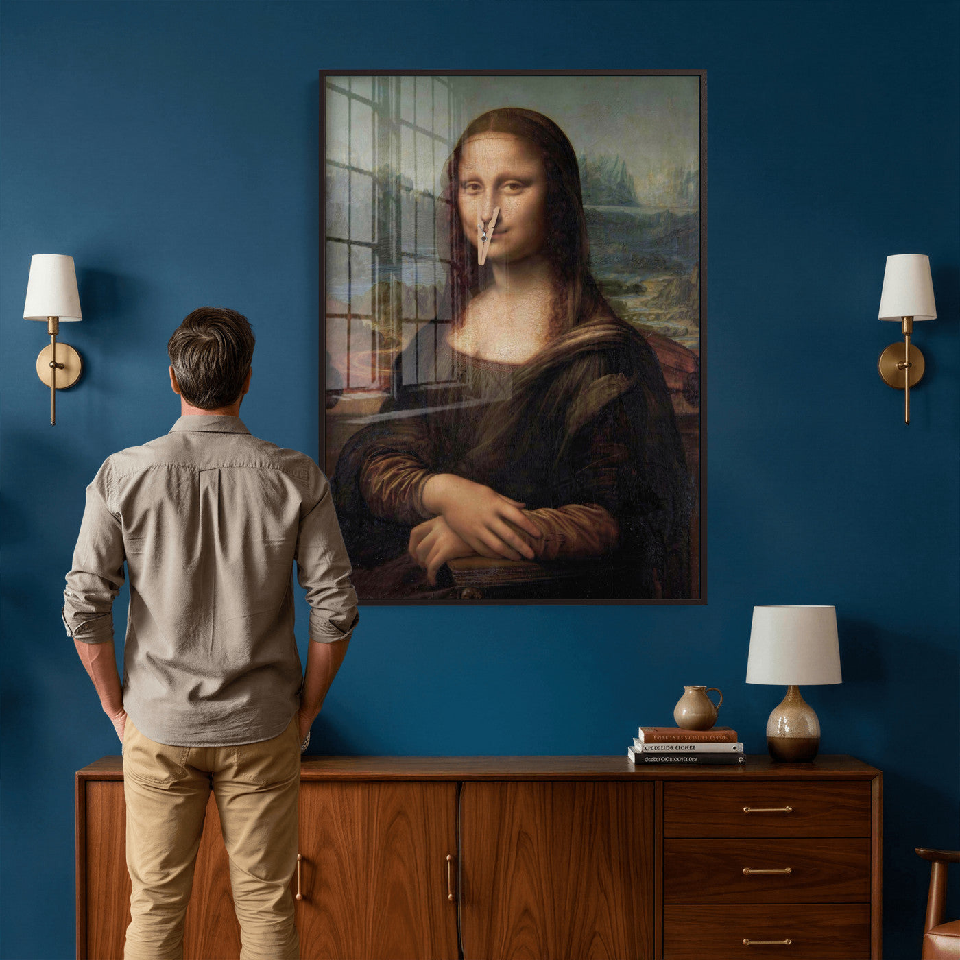 59125950-MGV-CV-24X36 - Funny Bathroom Canvas Wall Art Print, Mona Lisa Clothespin Nose Humor Decor, Classic Art Parody, Toilet Room Wall Art, Quirky Housewarming Gift, Eclectic Home Decor