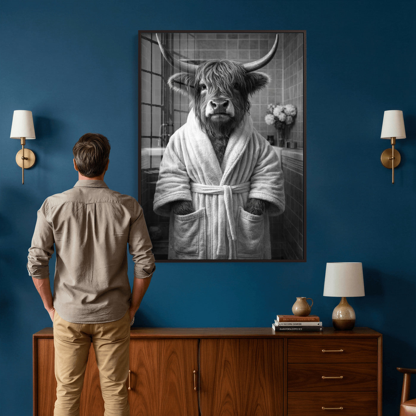 98453723-MGV-CV-24X36 - Funny Bathroom Wall Art Canvas Print, Highland Cow in Bathrobe, Black and White Humor Decor, Animal Bathroom Print, Farmhouse Bathroom Art