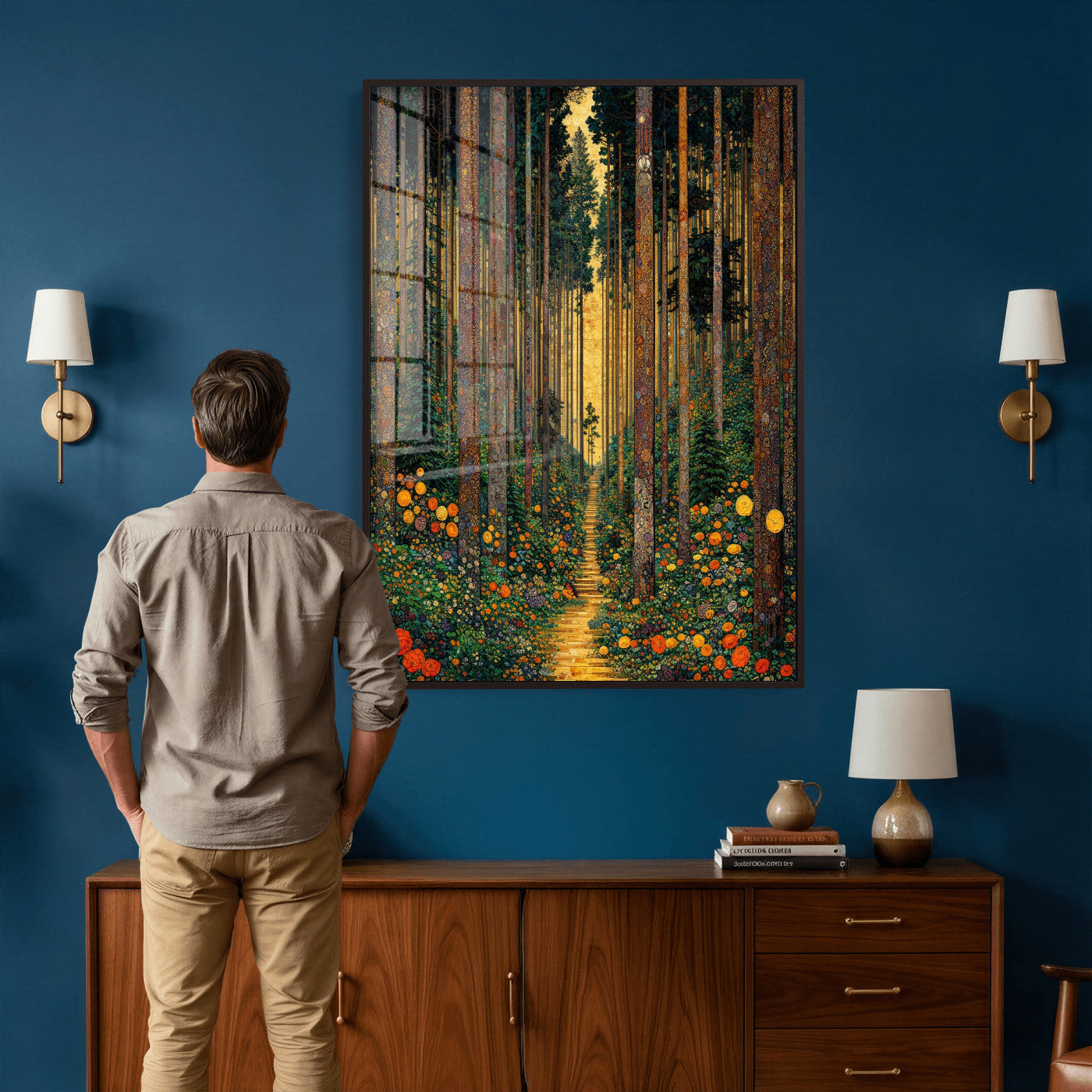 14391546-MGV-CV-24X36 - Gustav Klimt Style Forest Canvas Wall Art, Golden Forest Path Floral Art Nouveau Print, Enchanted Woodland Decor, Maximalist Colorful Nature Art