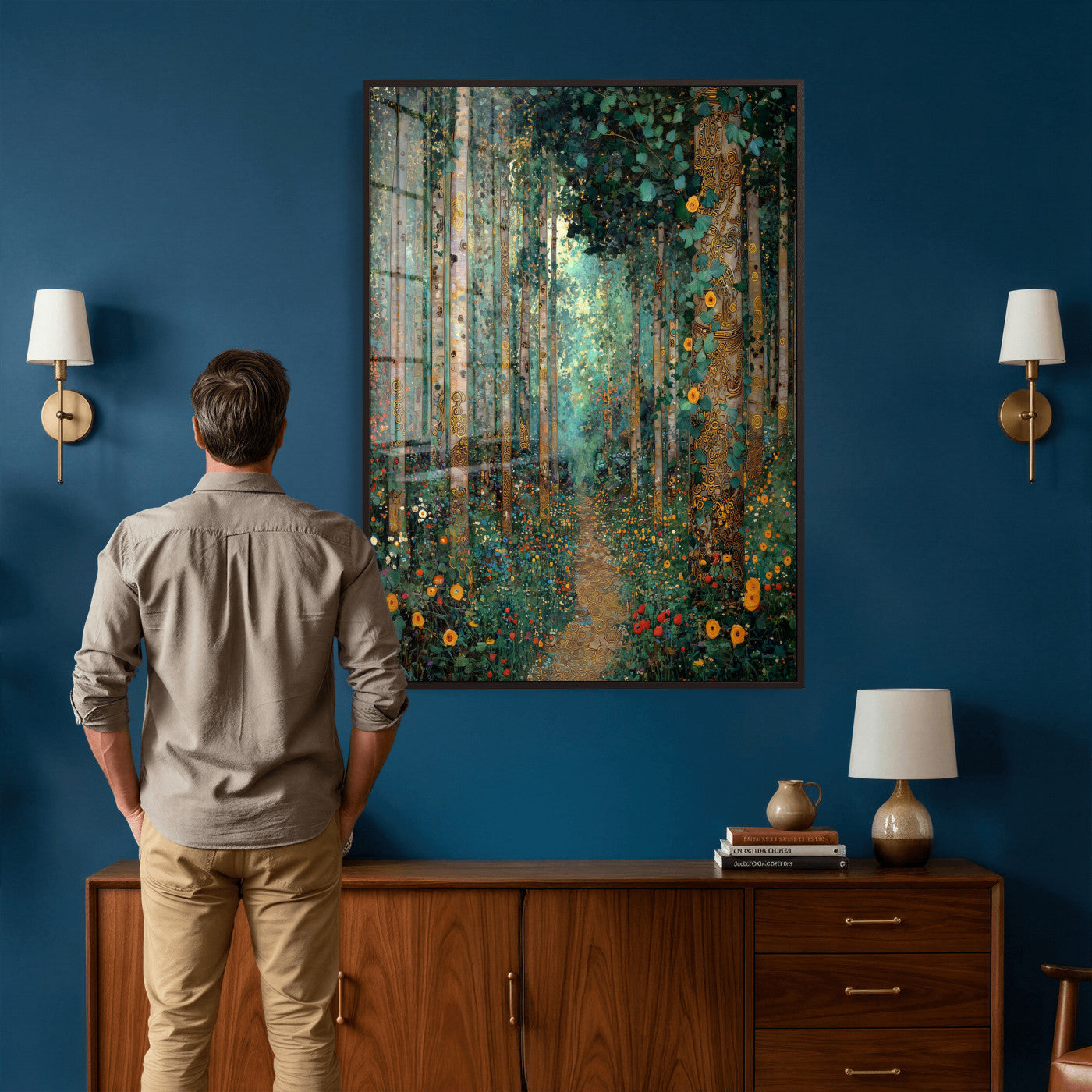 76587981-MGV-CV-24X36 - Gustav Klimt Style Forest Canvas Wall Art, Golden Forest Path Floral Art Nouveau Print, Enchanted Woodland Decor, Maximalist Colorful Nature Art