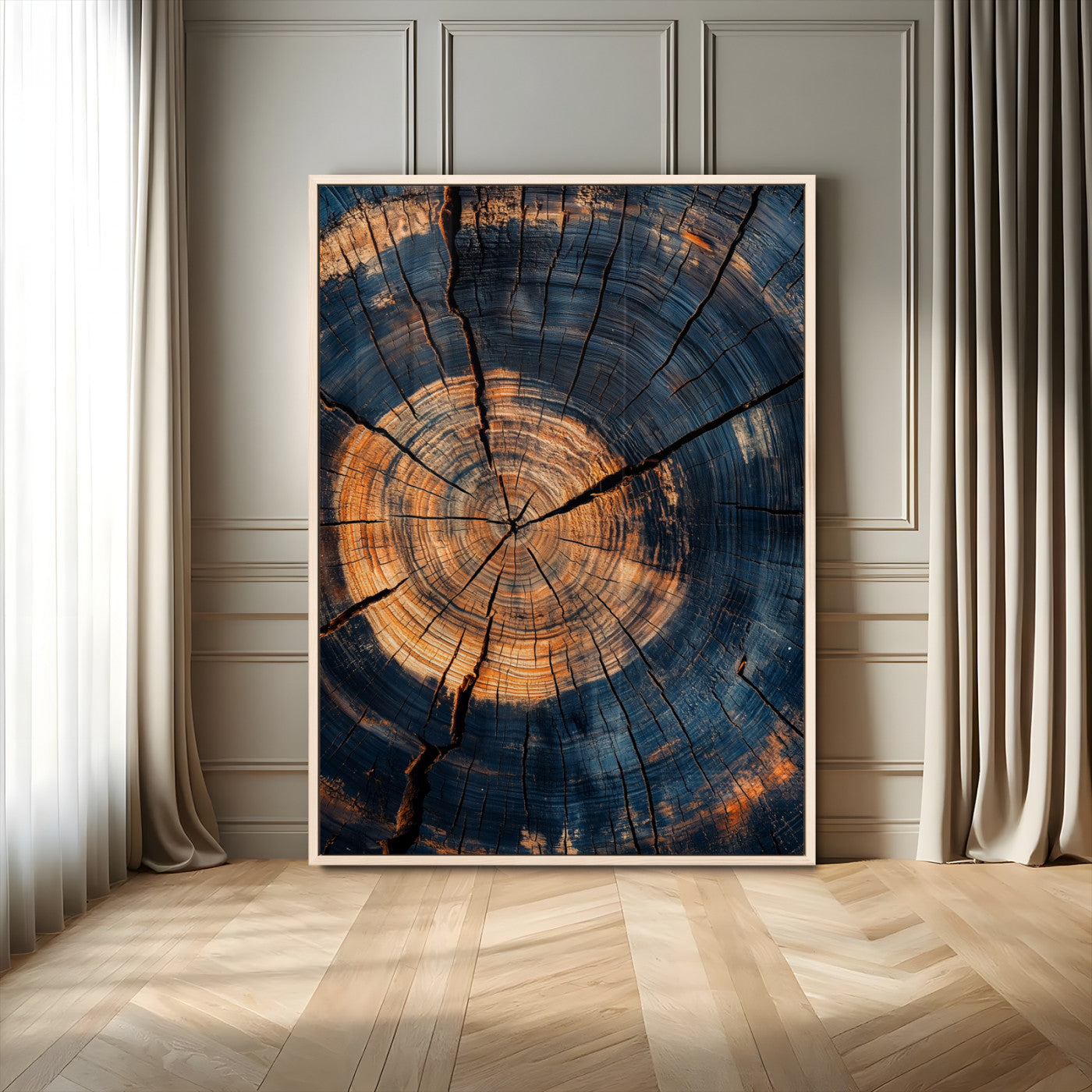 32486414-MGV-CV-24X36-Tree Rings Wall Art Canvas Print – Framed Rustic Wood Grain Texture Industrial Natural Artwork for Home Office