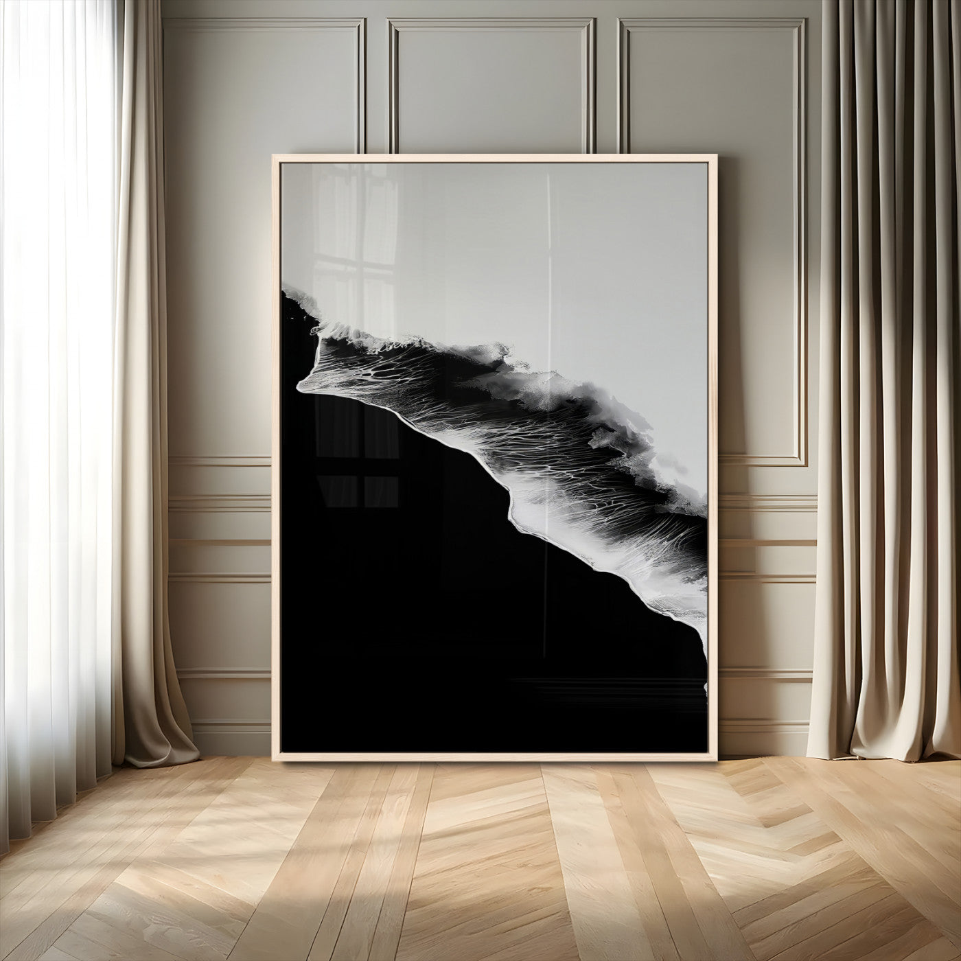 -Ocean Wave Wall Art Canvas Print, Framed Abstract Wave Art Picture Print, Monochrome Sea Perfect Modern Minimal Decor Artwork
