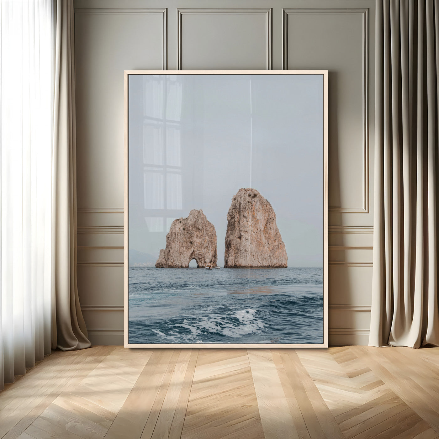 23148844-MGV-CV-24X36-Faraglioni Capri Wall Art Canvas Print – Framed Serene Ocean Mediterranean Coastal View Minimal Artwork for Home Office
