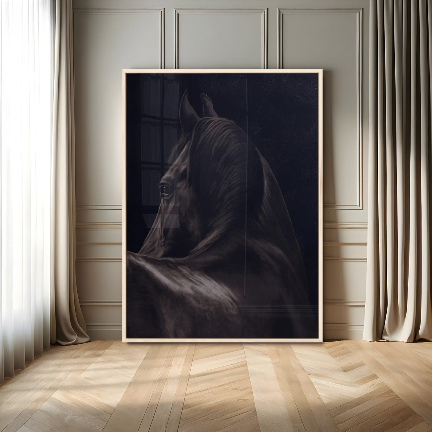 77538596-MGV-CV-24X36 - Dark Horse Wall Art – Majestic Silhouette Canvas Print, Sleek Mane, Graceful Strength, Elegant Equine Form, Timeless Beauty Decor for Home or Office