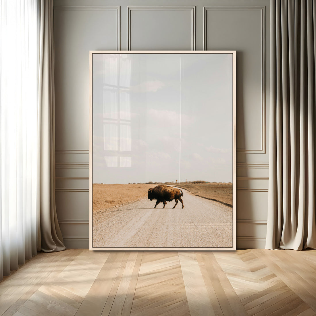 Bison Crossing Wall Art Canvas Print, Framed Western Landscape Art, Prairie Road Modern Ranch Decor