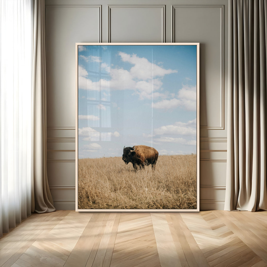 Bison Photography Wall Art Canvas Print, Framed Western Landscape Art, Prairie Serenity Modern Ranch Decor