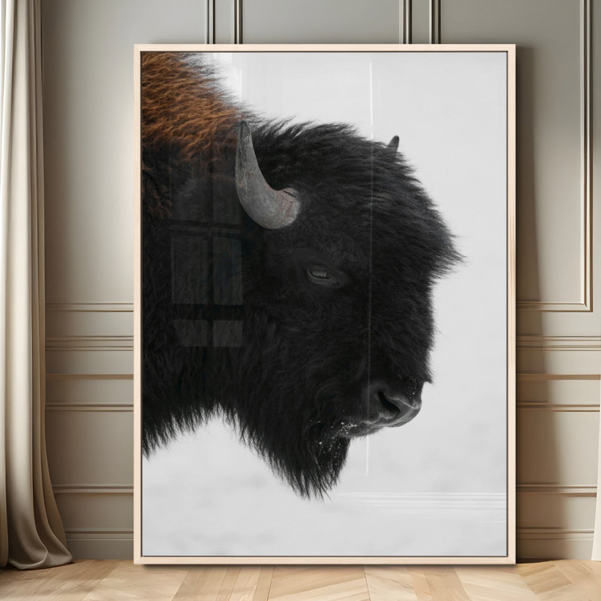 73956942-MGV-CV-24X36-Western Rustic Wall Art Canvas Print – Framed Buffalo Black and White Wildlife Photography Artwork for Home Office
