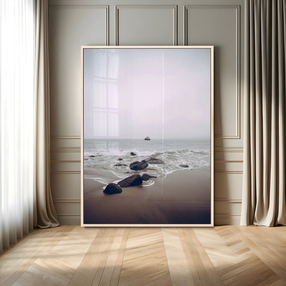 Moody Seascape Wall Art Canvas Print, Framed Neutral Foggy Ocean Beach Art, Minimalist Decor
