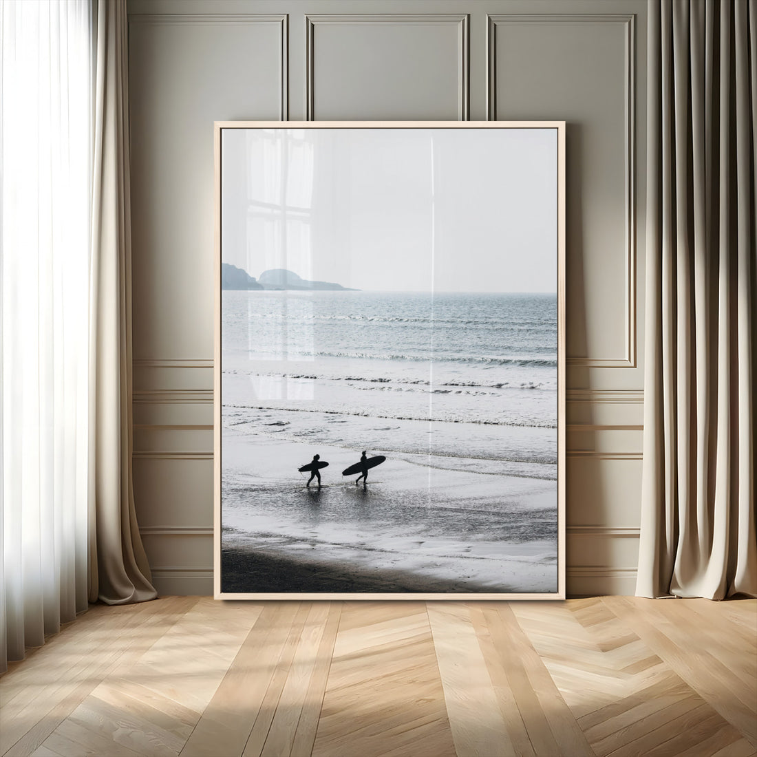 Surfer Silhouettes Wall Art Canvas Print, Framed Minimalist Ocean Art, Soft Horizon Coastal Decor