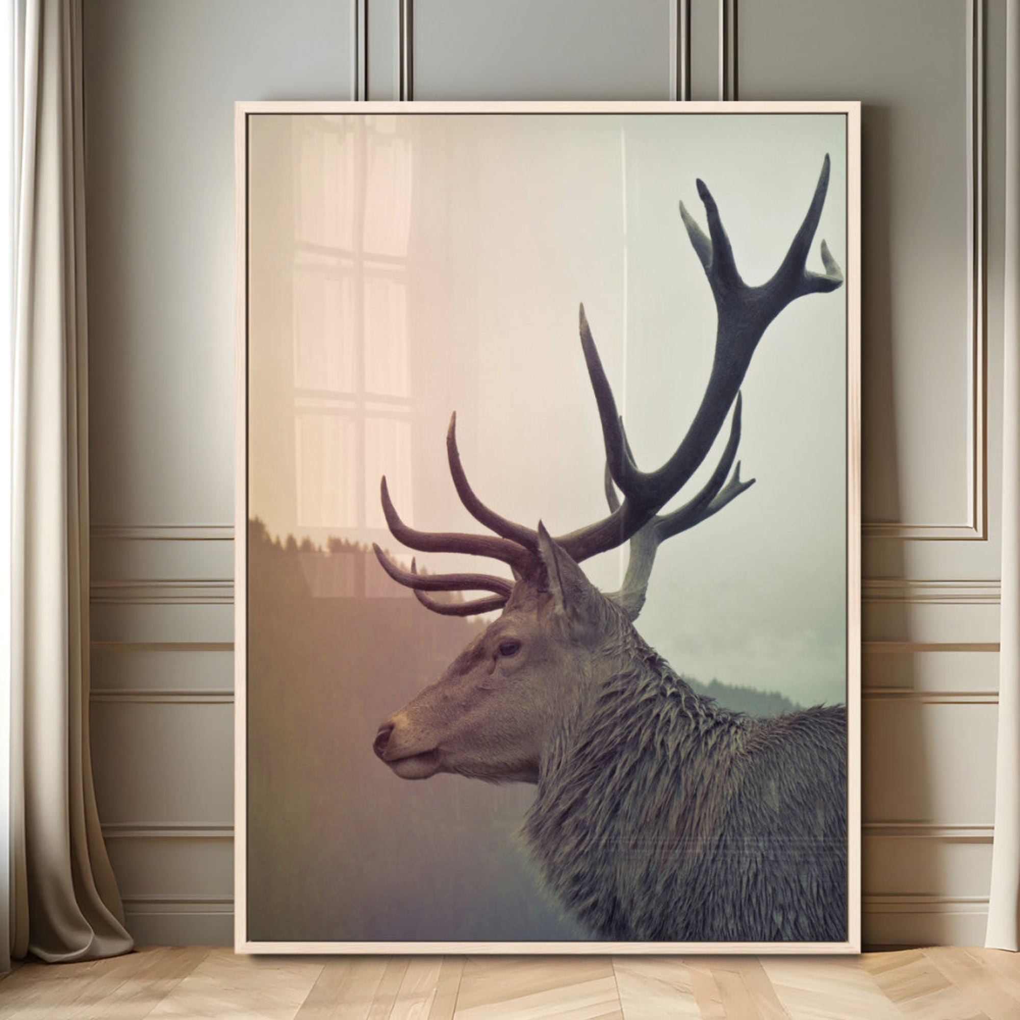 -Deer Canvas Print Wall Art Canvas Print, Framed Woodland Animal Decor Art Picture Print, Rustic Lodge Wall Art Perfect Rustic Lodge Decor Artwork