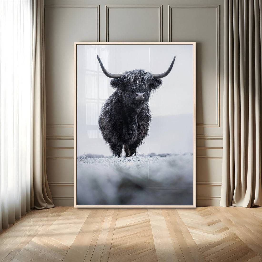 Frosty Black Highland Cow Wall Art Canvas Print, Framed Moody Winter Scottish Cattle