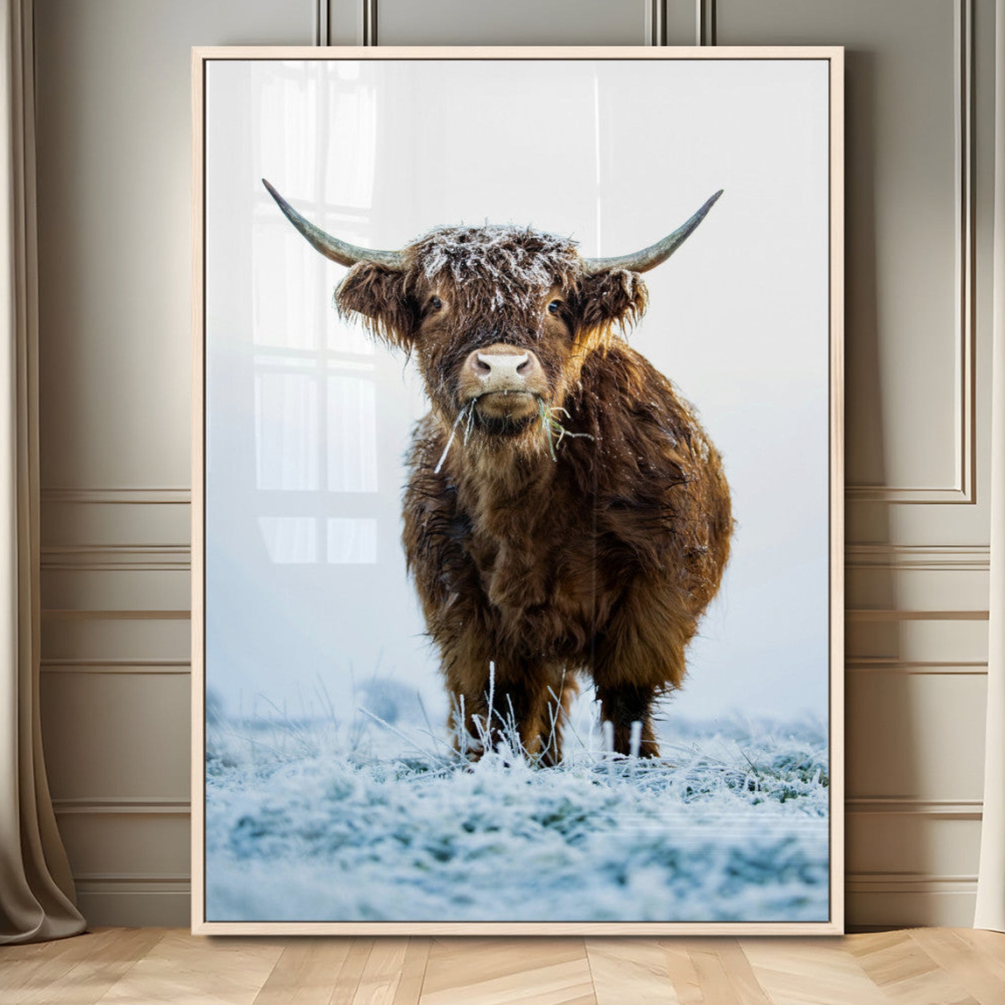 13375128-MGV-CV-24X36-Highland Cow Wall Art Canvas Print – Framed Frosty Winter Farm Scene with Rustic Cow Artwork for Home, Office