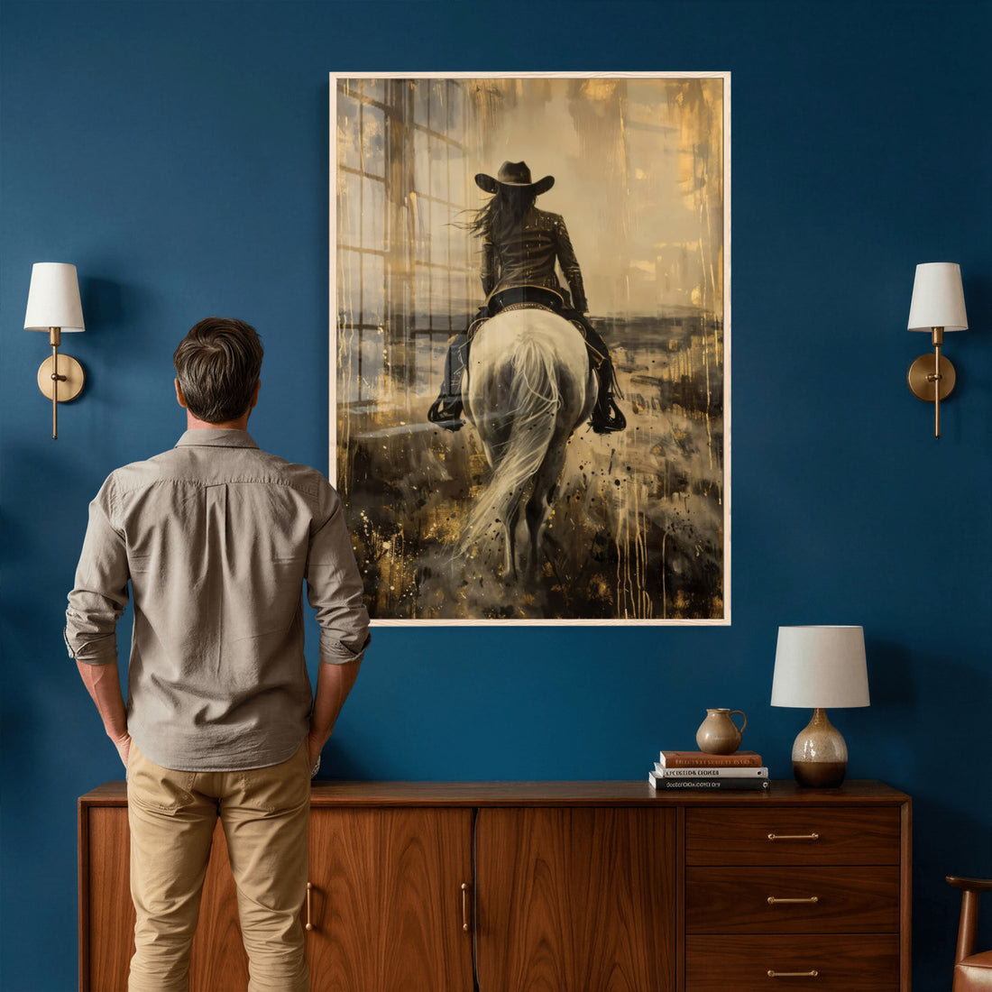 Cowgirl on Horse Wall Art Canvas Print, Western Equestrian Artwork for Farmhouse and Ranch Decor