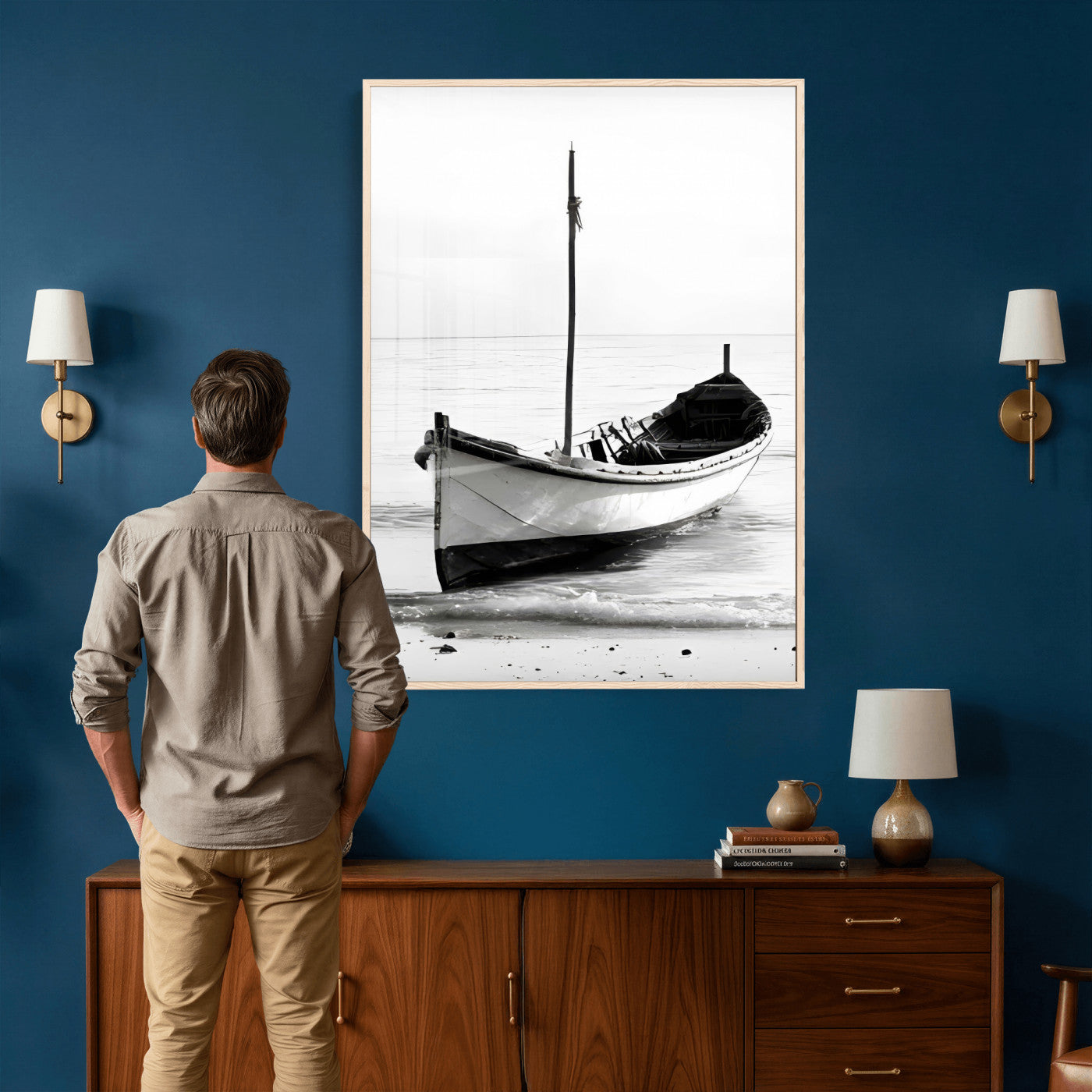 13080776-MGV-CV-24X36 - Minimal Boat Wall Art Canvas Print – Black and White Coastal Photography Artwork Print for Living Room, Bedroom, and Office Decor