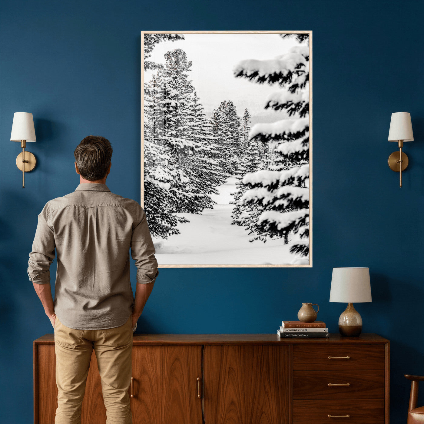 42534505-MGV-CV-24X36 - Snowy Pine Forest Wall Art Canvas Print, Minimal Winter Woodland Landscape, Black and White Nature Artwork