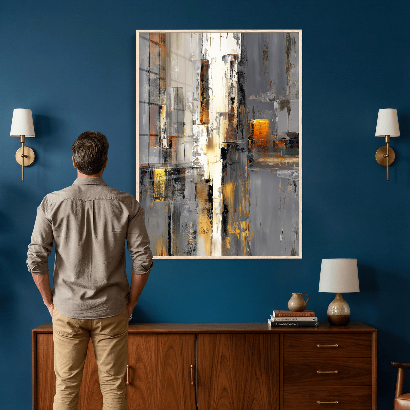 35992080-MGV-CV-24X36 - Abstract Urban Reflection Wall Art Canvas Print, Gold Black Modern Architecture Canvas Print, Contemporary Moody City Artwork for Living Room Decor