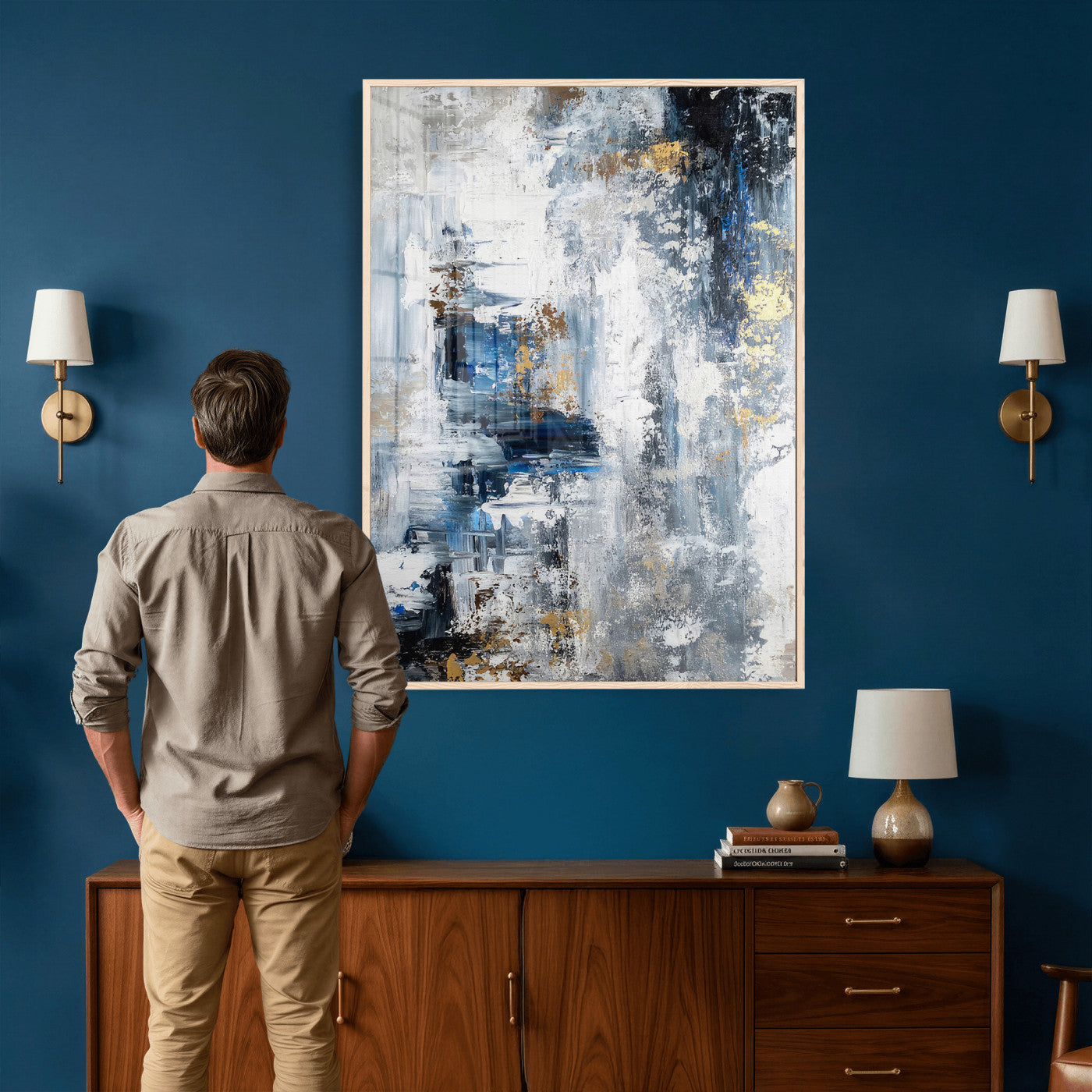 3962948988-MGV-CV-24X36 - Blue Abstract Wall Art Canvas Print, Gold Black Modern Architecture Canvas Print, Contemporary Moody City Artwork for Living Room Decor