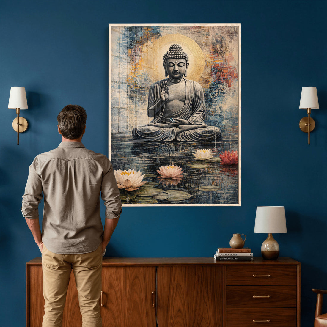 Serene Buddha with Lotus Flowers | Tranquil Meditation Art | Zen Wall Decor