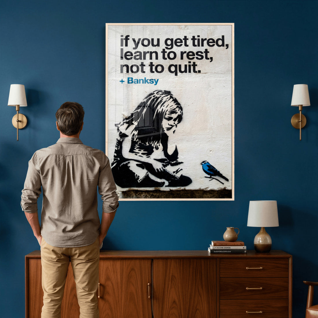Banksy Girl and Blue Bird Canvas Art Print | Banksy If You Get Tired Street Art