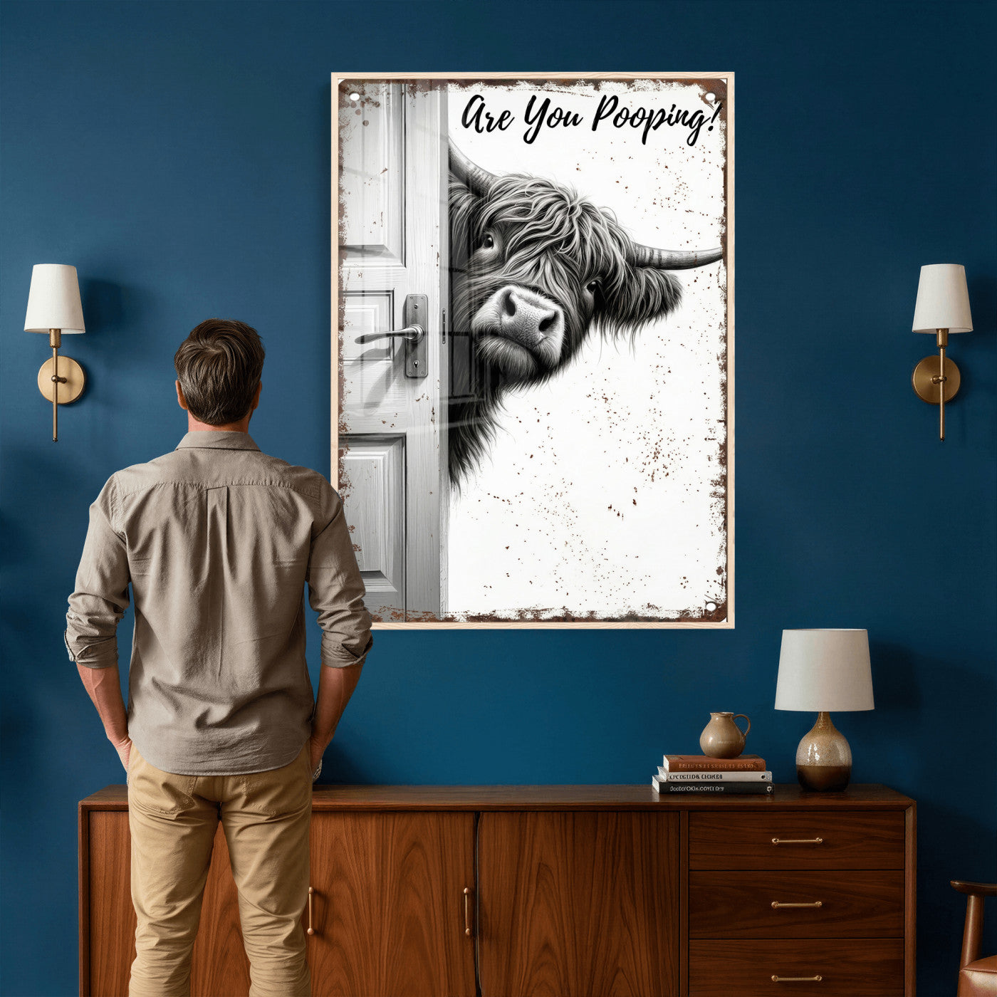 8151788G6-MGV-CV-24X36 - Funny Highland Cow Bathroom Wall Art Canvas Print, Are You Pooping Cow Sign, Rustic Farmhouse Bathroom Decor
