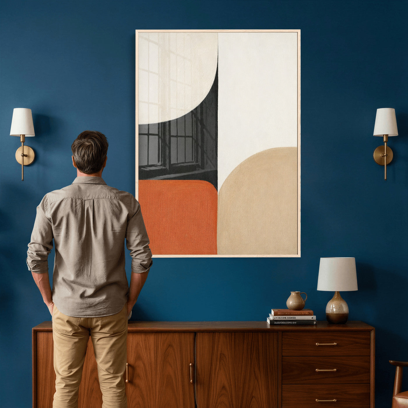 38800649-MGV-CV-24X36 - Geometric Abstract Wall Art Canvas Print, Orange Blue Abstract Expressionist Painting Print, Modern Geometric Abstract Canvas Art