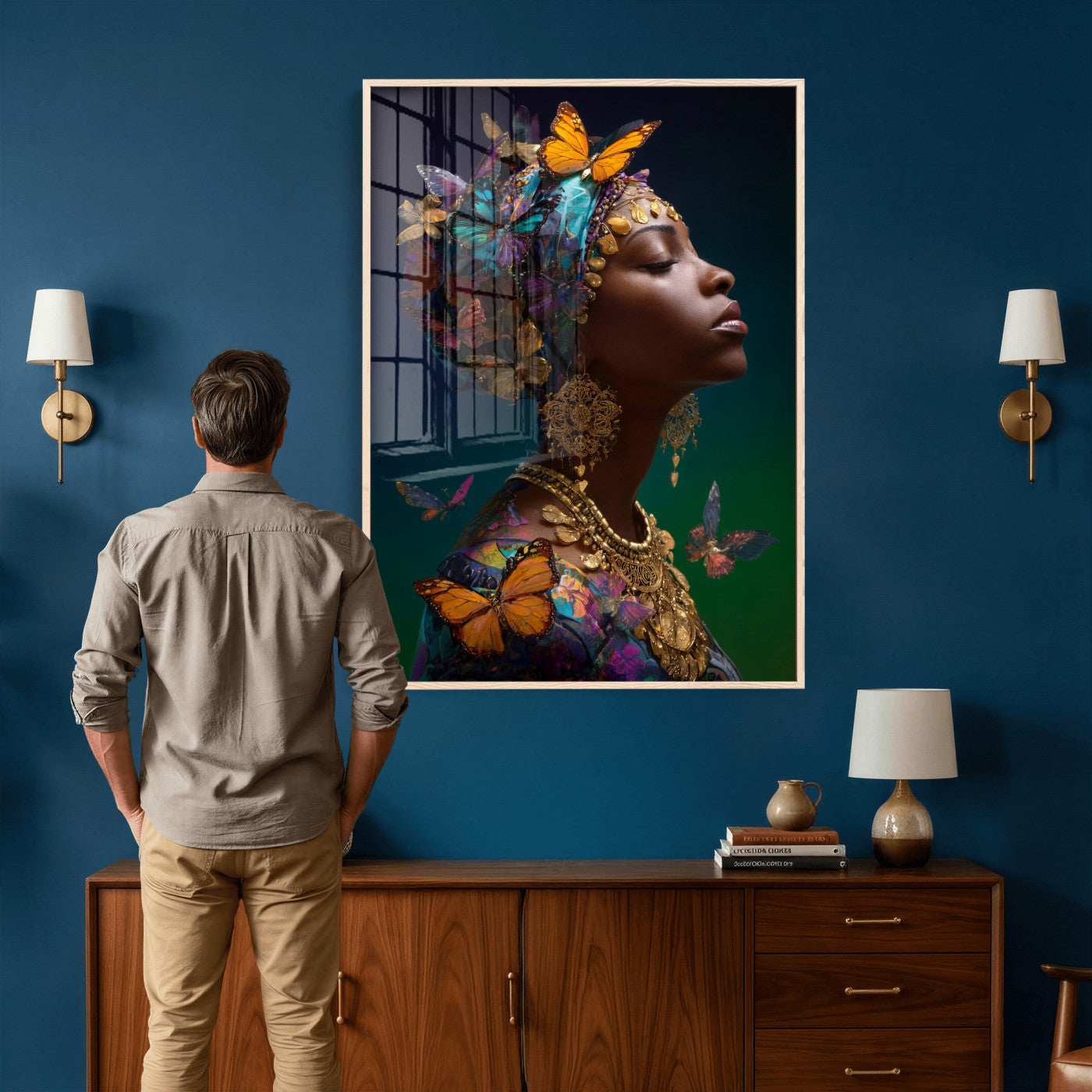 620930SZC0-MGV-CV-24X36 - Butterfly Crown Gold Woman Portrait — Monarch Queen Canvas Print | Teal Dark Fantasy Art | Boho Bedroom Wall Decor | Empowerment Gift Her