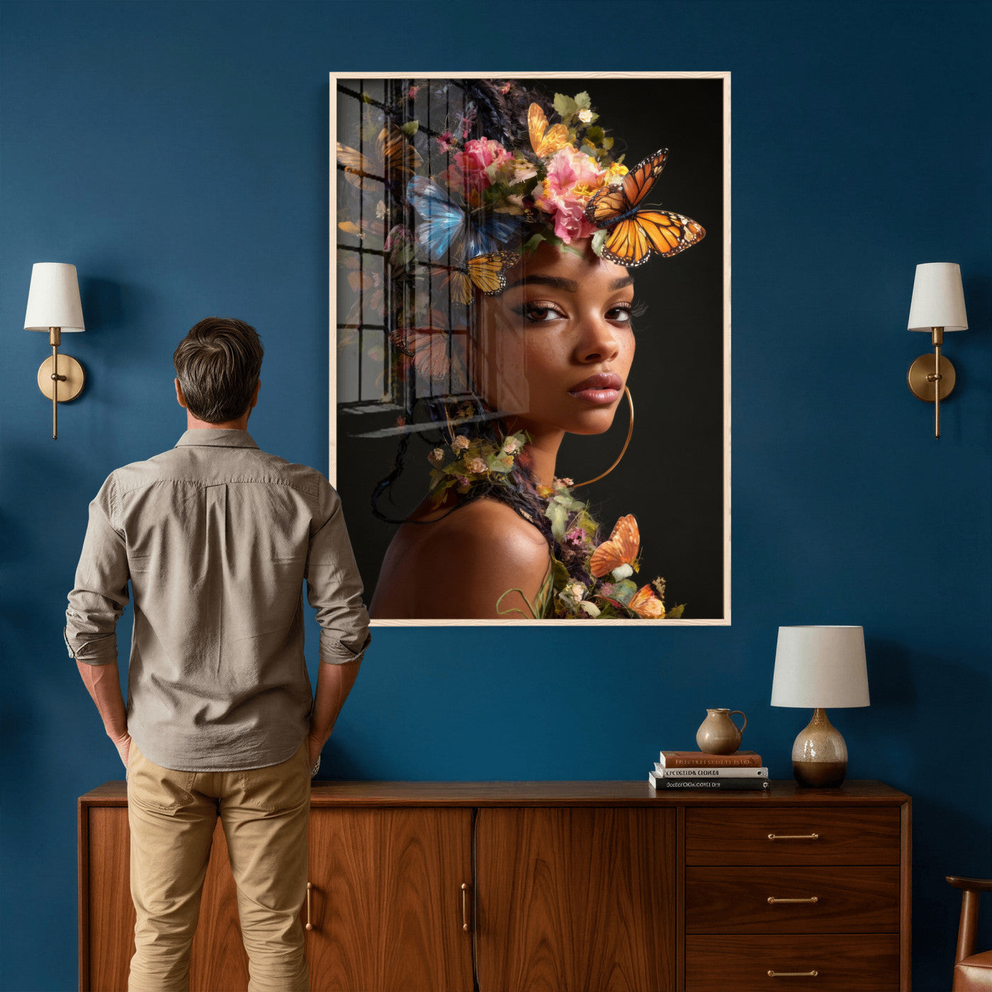 620930SZC10-MGV-CV-24X36 - Butterfly Crown Gold Woman Portrait — Monarch Queen Canvas Print | Teal Dark Fantasy Art | Boho Bedroom Wall Decor | Empowerment Gift Her