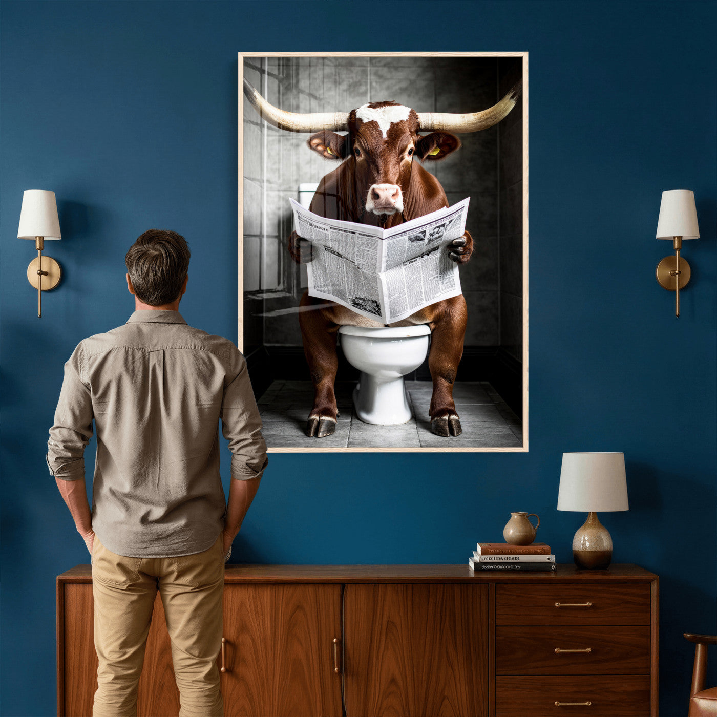 69808726-MGV-CV-24X36 - Texas Longhorn Cow Toilet Paper Canvas Wall Art, Funny Bathroom Black White Print, Cute Animal Humor Decor, Quirky Farmhouse Bathroom Art, Cow Lover Gift