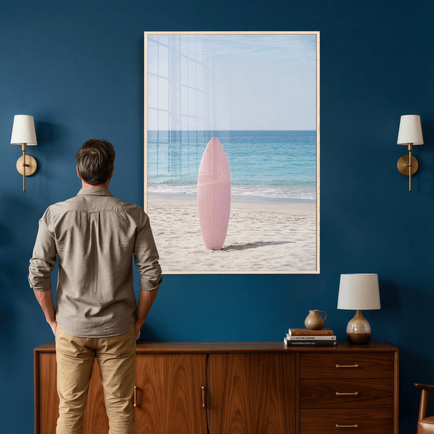 17265103-MGV-CV-24X36 - Pink Surfboard Canvas Wall Art, Minimalist Beach Photography Print, Pastel Ocean Coastal Decor, Girl Beach Room Art, Aesthetic Summer Wall Print