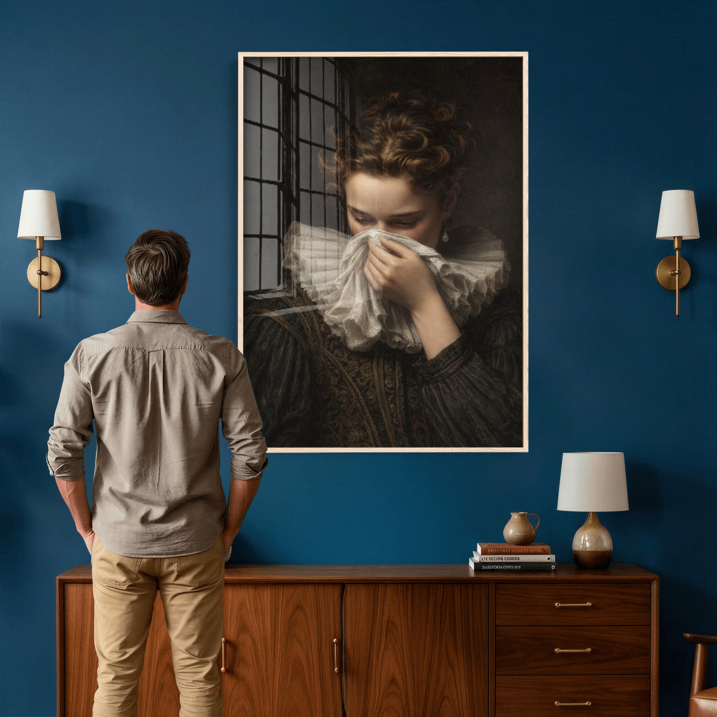 62652430-MGV-CV-24X36 - Baroque Portrait Canvas Wall Art, Flemish Woman with Lace Collar Print for Bathroom Wall Art, Funny Toilet Decor, Renaissance Style Portrait, Moody Vintage Wall Art