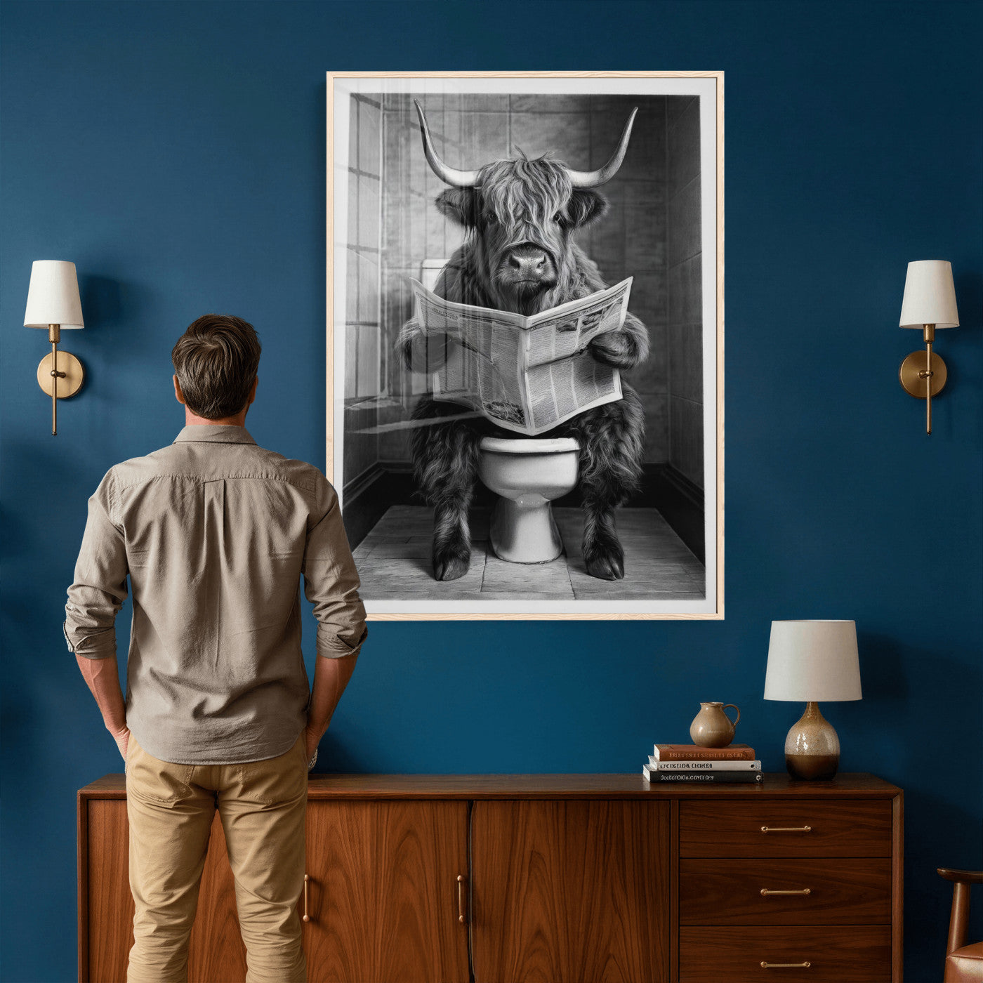 56930218-MGV-CV-24X36 - Funny Bathroom Canvas Wall Art, Texas Longhorn on Toilet Reading Newspaper, Humor Animal Print, Farmhouse Bathroom Decor, Quirky Cow Gift, Toilet Room Art