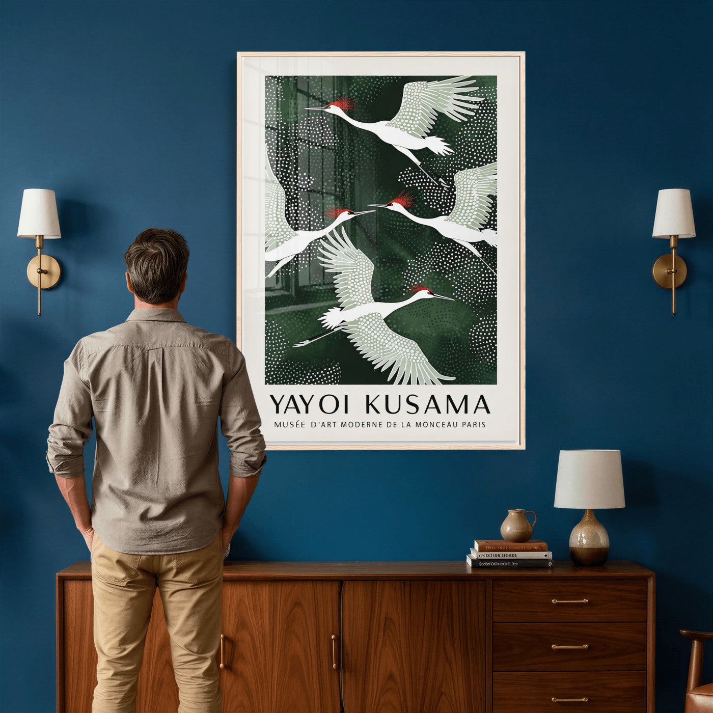63036906-MGV-CV-24X36 - Yayoi Kusama Crane Bird Wall Art Canvas Print, Japanese Inspired Flying Heron Framed Artwork, Green Botanical Nature Decor for Living Room Bedroom Office