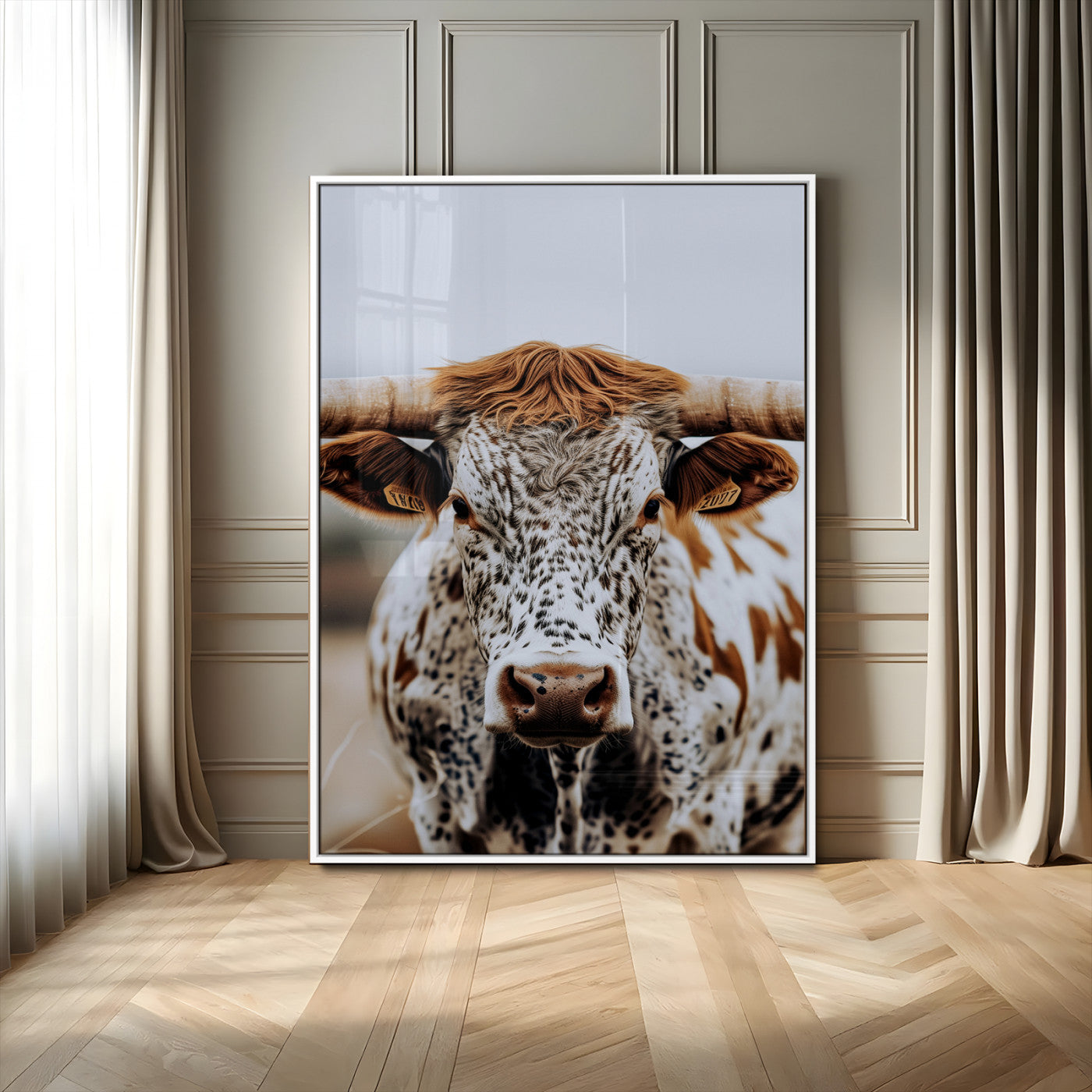 -Texas Longhorn Wall Art Canvas Print, Framed Spotted Cow Art Picture Print, Horned Cattle Perfect Rustic Western Decor Artwork